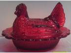 Ruby Red Inverted Thistle Hen On Nest Butter Or Candy Dish NEW