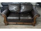 Brown Leather 2-Seat Sofa Loveseat w/ Wood Accents Chocolate