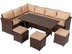 Eight-Piece Set Outdoor Rattan Dining Table Chair Brown Wood