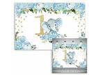 7x5ft Baby Elephant Backdrop for Boy Blue Floral 1st