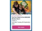 2x Legoland Windsor Resort Tickets Tuesday 6th September