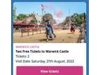 2 Tickets for Warwick Castle Saturday 27th August Rrp £74