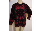 Vintage Ugly Christmas Party Sweater Black with Wreath Red Stars Bows