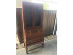 2 Piece Vintage Oak Desk with Cut Glass Panes and Inlaid Leather Desk