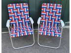 Pair Vintage Aluminum Red White Blue Folding Lawn Chairs