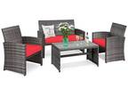 4PCS Patio Rattan Conversation Glass Table Top Cushioned
