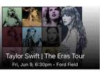 3 Tickets Taylor Swift Ford Field, Detroit Section 130 Row 2