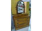 Vintage Wood Dresser - 5 Drawers - Fitted Mirror