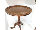 Brown Leather Top Round Side Table Carved 3 Leg Plant Stand - Opportunity