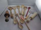 13 Pc Wood Kitchen Tools Spoons Forks Mashers Whips Vintage