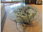 Vtg 1960s MCM White Driftwood Coffee Table with Kidney Amoeba Beveled Glass Top