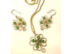 Gold Wire Wrap Shamrock Jewelry Set with Green Crystals
