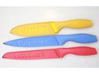 Lot of 3 Cuisinart Kitchen Knives Red Blue Yellow Sleeves