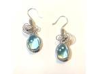 Silver Wire Wrap Aqua Cabochon Earrings