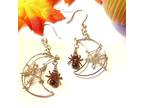 Halloween Spider and Web Crescent Moon Earrings