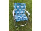 Vintage Webbed Aluminum Folding Lawn Chair White Blue