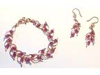 Copper Leaf Bracelet and Earrings Set with Pink Crystals