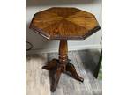 Vintage Tiger Oak Inlaid Veneer top Pedestal Octogon Side Table