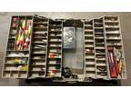 Plano 9606? Large Tackle Box Green/Tan Unfolds Filled w/Lures, Zebco Reel, Misc