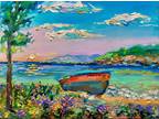 Oil painting ORIGINAL art Boat seascape River lake ocean sunrise artwork 12x16"