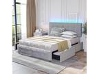 Full Queen Size LED Bed Frame Upholstered Platform Bed with 4 Drawers Headboard