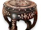Vintage Solid Rosewood Drum Stool with Inlaid Mother of Pearl Design