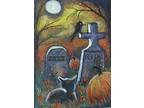 Aceo Orig Halloween Graveyard Cemetery Black Cat Raven Crow Spooky