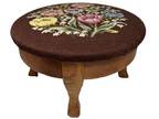 Vtg Round Needlepoint Embroidered Floral Foot Stool Rest Ottoman Brown