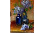 ACEO ORIGINAL hand made oil painting miniature -blue vases with plumbago-JFM ART