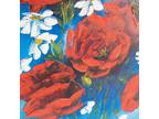 Vintage Large Original Oil Painting on Canvas Red Poppy Flowers on Blue Daisies