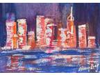 Watercolor ACEO Original Painting by Mary King - Cityscape - Night