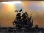 Antique Art Deco Reverse Painted Glass Ships Silhouettes Sunset Wood Frame