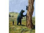 Oil Painting Mother Bear Cubs Tree Animal Wildlife Landscape Art by A. Joli
