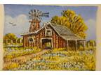 Aceo Original Oil of an Old Barn , Windmill and Bluebonnets