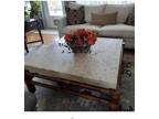 Henredon stone top vintage Budji Layug style bamboo and stone slab coffee table
