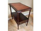 Vintage 2-Tier Cherry End Table w/ Dovetailed Drawer, Red Leather Top