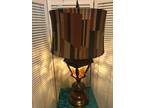 Vintage 60s 70s Style, Bronze, Wood and Amber Glass Lamp
