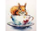 Cute Squirrel in a teacup Watercolor Painting Art Print 8x11 inch