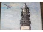 Vintage Lighthouse Scene Fighter Jet in Background Original Pastel Painting