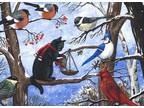 Aceo Print of Painting Ryta Christmas Black Cat Cardinal Chickadee North Birds