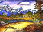ORIGINAL Hand Painted Pen and Watercolor Art Card (ACEO) Mountain Lake Trail