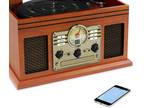 Retro 6-in-1 Nostalgic Bluetooth Record Player 3-Speed Turntable w/ CD Cassette