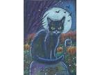 Aceo Orig Black Cat Fall Autumn Graveyard Cemetery Tombstones Pumpkins Halloween