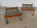1970s Modernist Wood Chrome Smoked Glass Side Tables