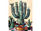 Corbellic Impressionism 14x11 Cactus Desert Clay Vase Sunset Unique Wall Art