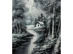 Cabin in Isolated Mountains Black & White Extra Large Vintage Landscape