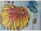 ACEO Original Watercolor And Ink Painting Large Zinnia Flower And Butterfly