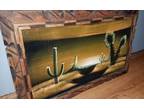 BLACK VELVET Oil Painting~CACTUS Desert Landscape~Carved Wood Framed MCM VTG!