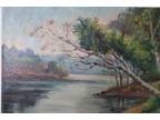16" Antique Oil Painting Country Folk Art Landscape River Mountain