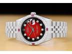 ROLEX MENS DATEJUST RED VIGNETTE 18K GOLD SS DIAMOND RUBY WATCH w/ FOLDED BAND